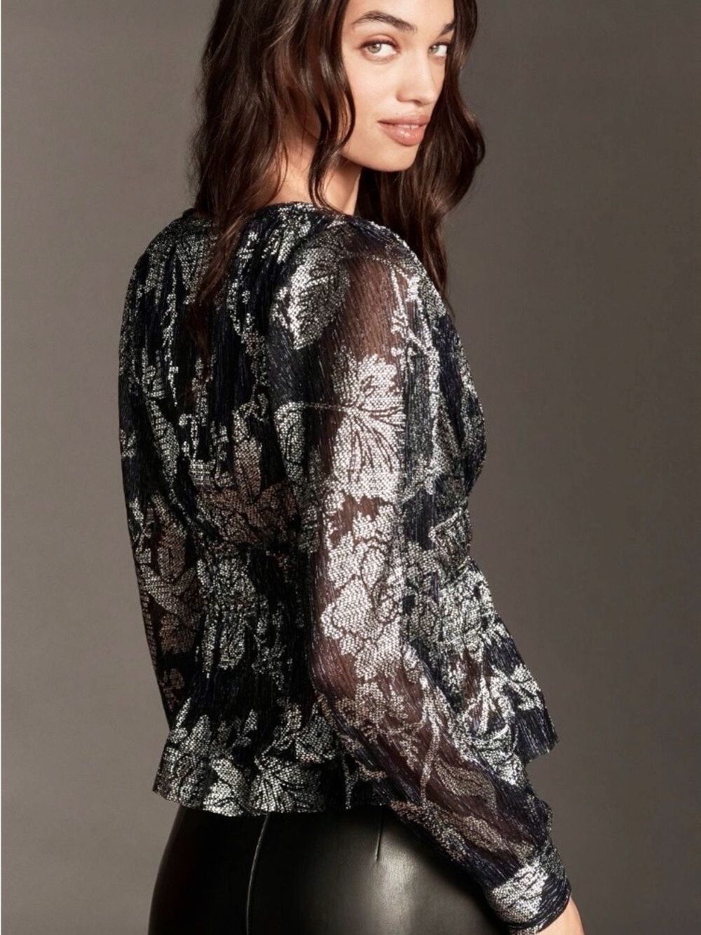 Anthropologie Metallic Navy and Silver Floral V-Neck Peplum Blouse